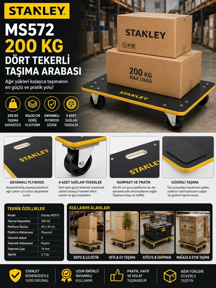 Stanley MS572 200 kg dört tekerli platform taşıma arabası; 45 x 30 cm plywood platformu, sağlam tekerlekleri ve dayanıklı yapısıyla depo, atölye, mağaza ve ağır yük taşıma işleri için güvenilir kullanım sunar.