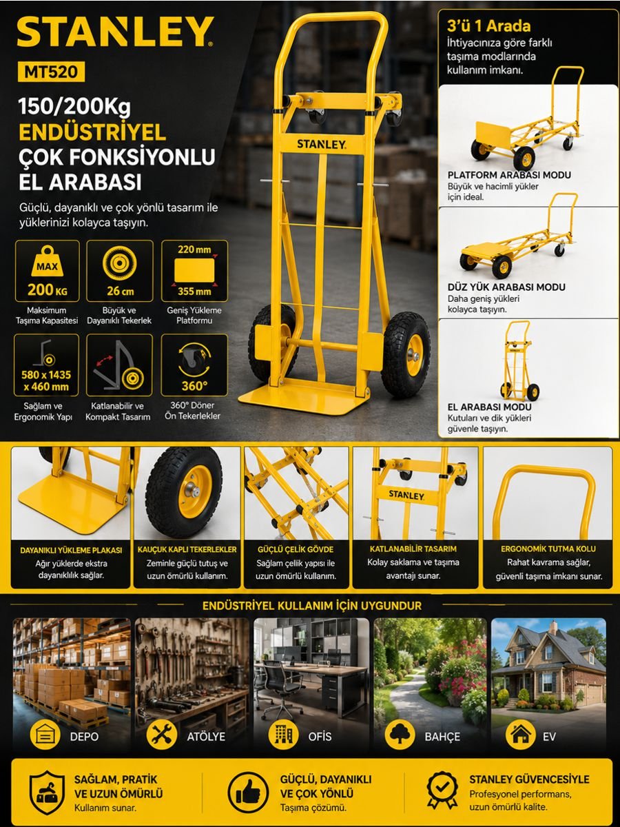 Stanley MT520 150/200 kg endüstriyel çok fonksiyonlu el arabası açıklama görseli