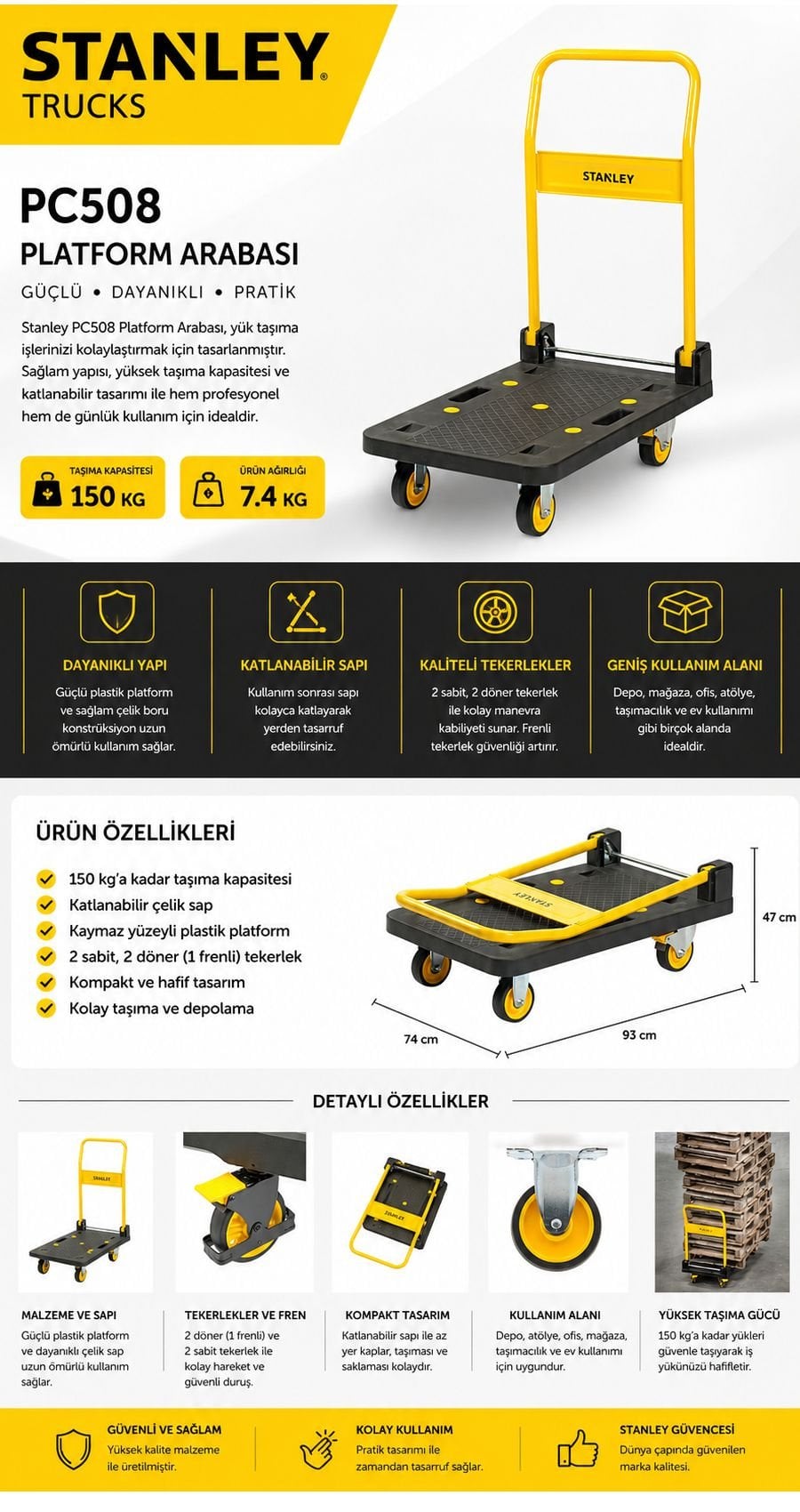 Stanley PC508 150 kg taşıma kapasiteli platform araba, katlanabilir sap yapısı, dayanıklı plastik platformu ve güçlü tekerlek sistemi ile depo, ofis ve atölye kullanımı için ideal taşıma çözümü sunar.