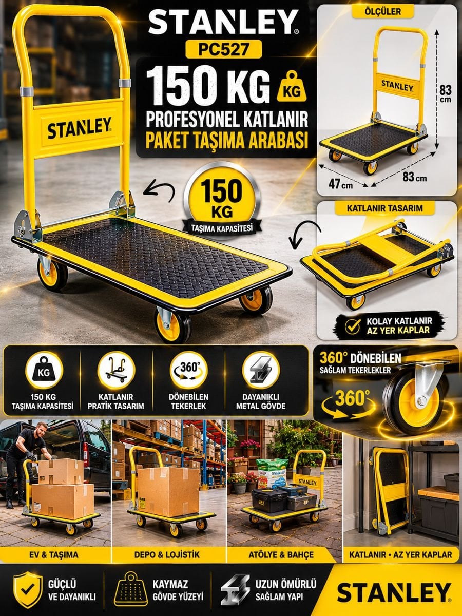 Stanley PC527 150 kg kapasiteli profesyonel katlanır paket taşıma arabası, metal gövde, 360 derece dönebilen tekerlek ve kompakt saklama tasarımı.