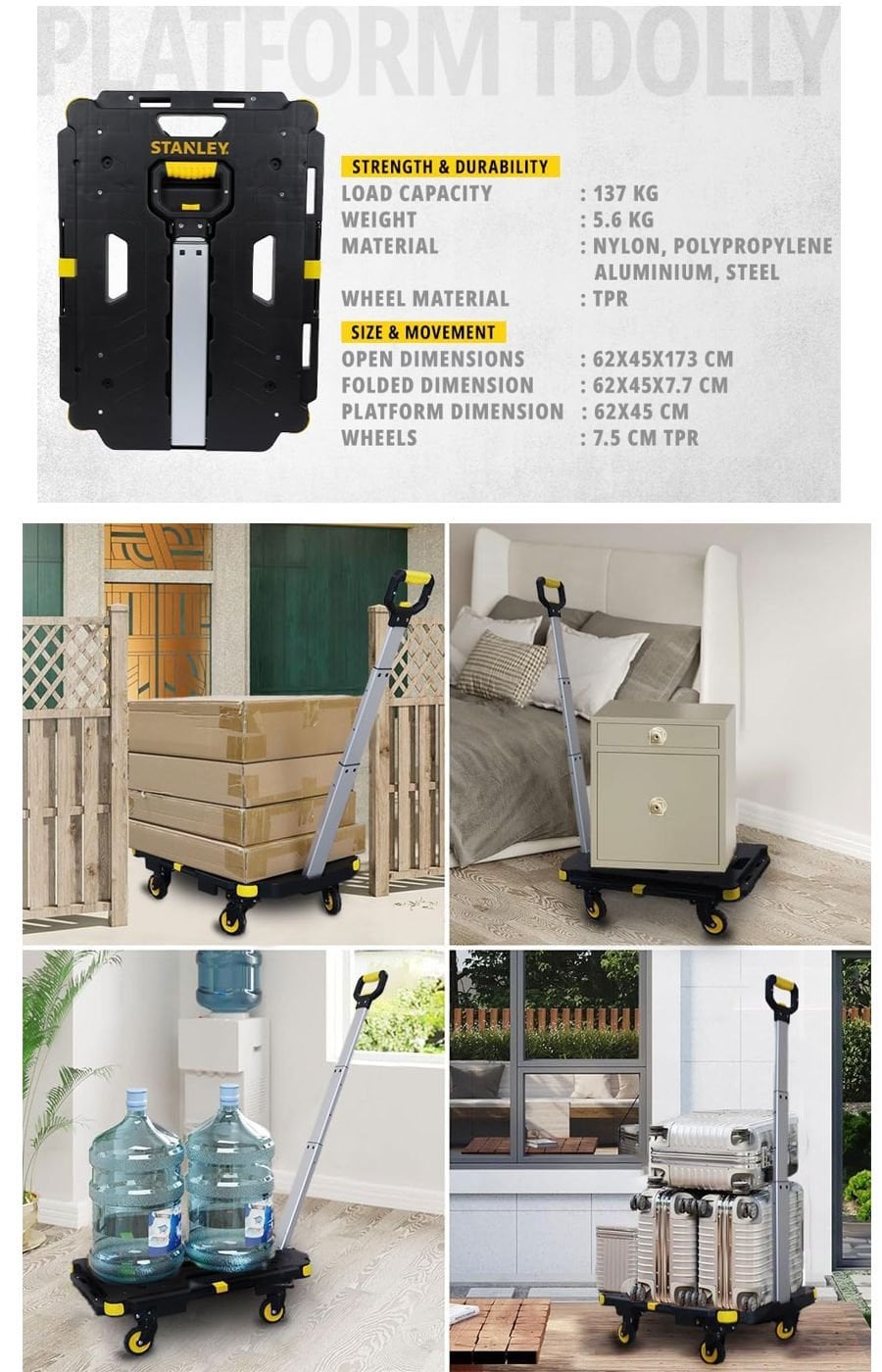 STANLEY PC532 137 kg taşıma kapasiteli katlanabilir çekme kollu platform yük ve paket taşıma arabası