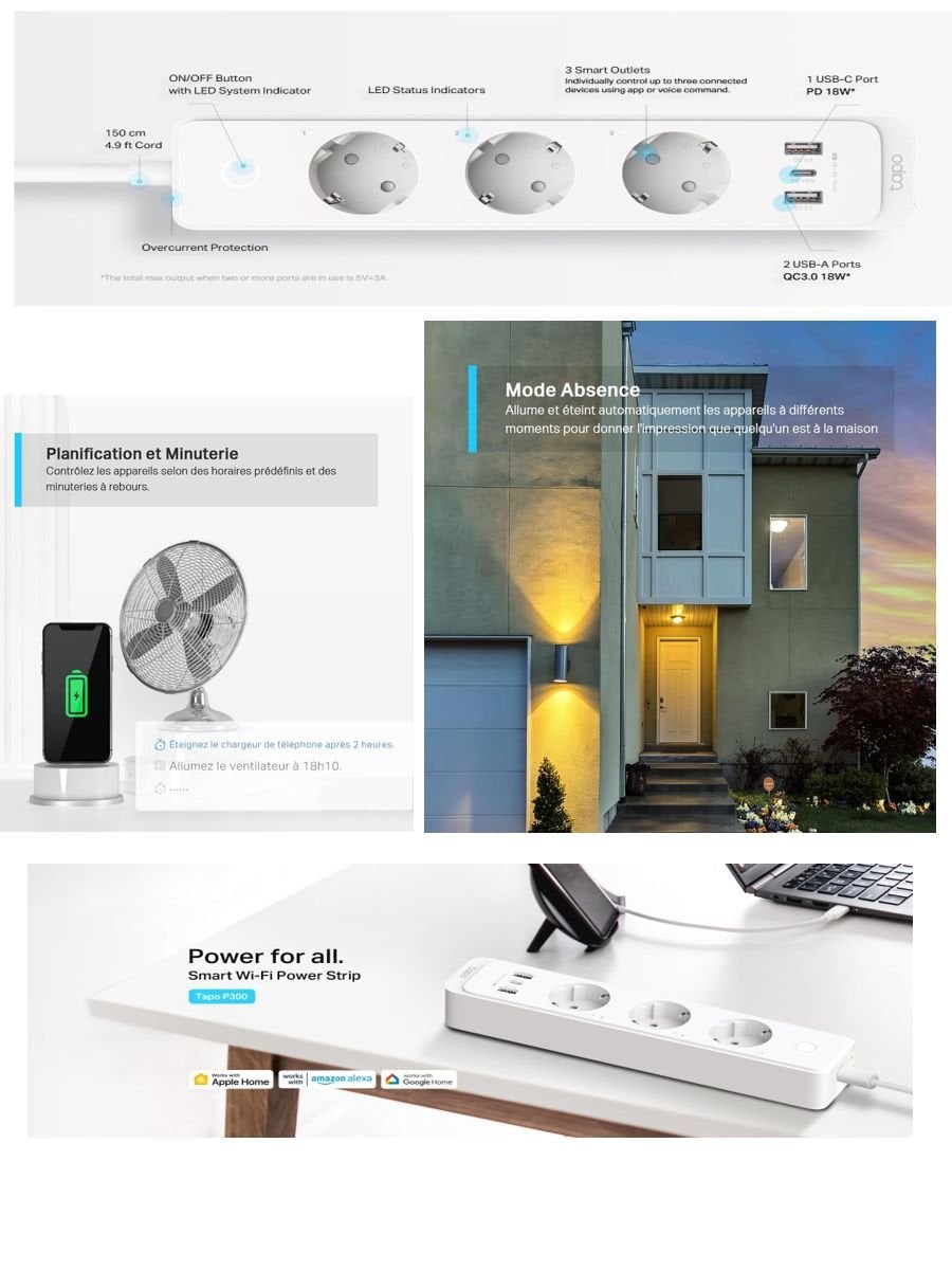 Tapo P300 akıllı WiFi priz 3’lü 1.5 metre uzatma kablosu uzaktan kontrol hızlı şarj destekli