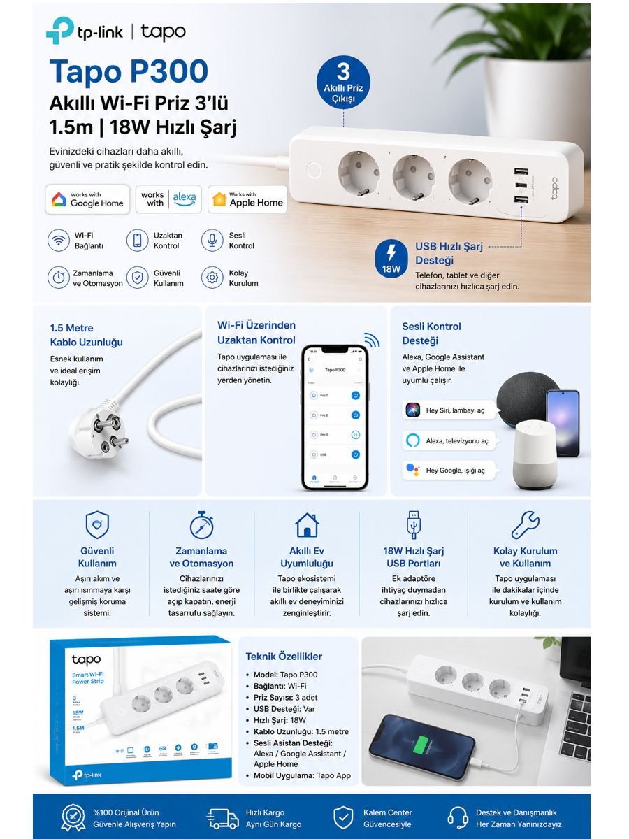 TP-Link Tapo P300 akıllı Wi-Fi priz çoklayıcı, 3 priz çıkışı ve USB hızlı şarj destekli akıllı güç çözümü