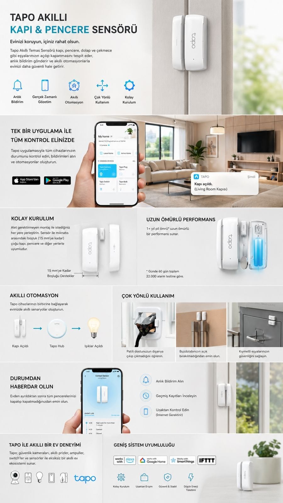 Tapo T110 akıllı kapı ve pencere sensörü ile anlık bildirim ve akıllı ev otomasyonu kontrolü