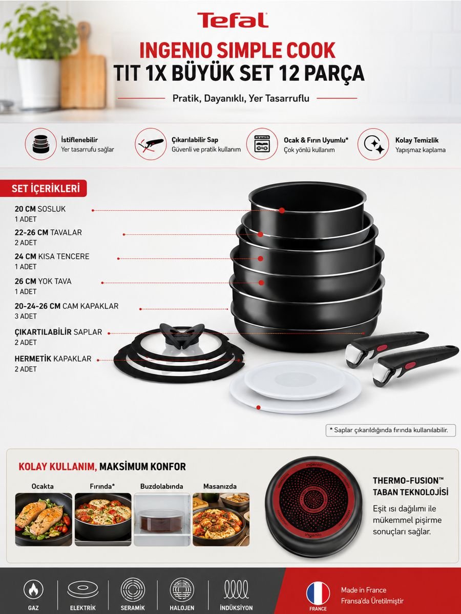 Tefal L15392 Ingenio Titanyum 1X SimpleCook 12 parça çıkarılabilir saplı tava ve tencere seti