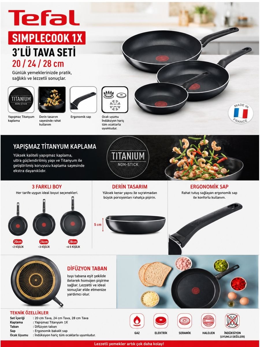 Tefal SimpleCook Titanyum 1X 20 24 28 cm difüzyon tabanlı 3’lü tava seti özellikleri ve kullanım detayları