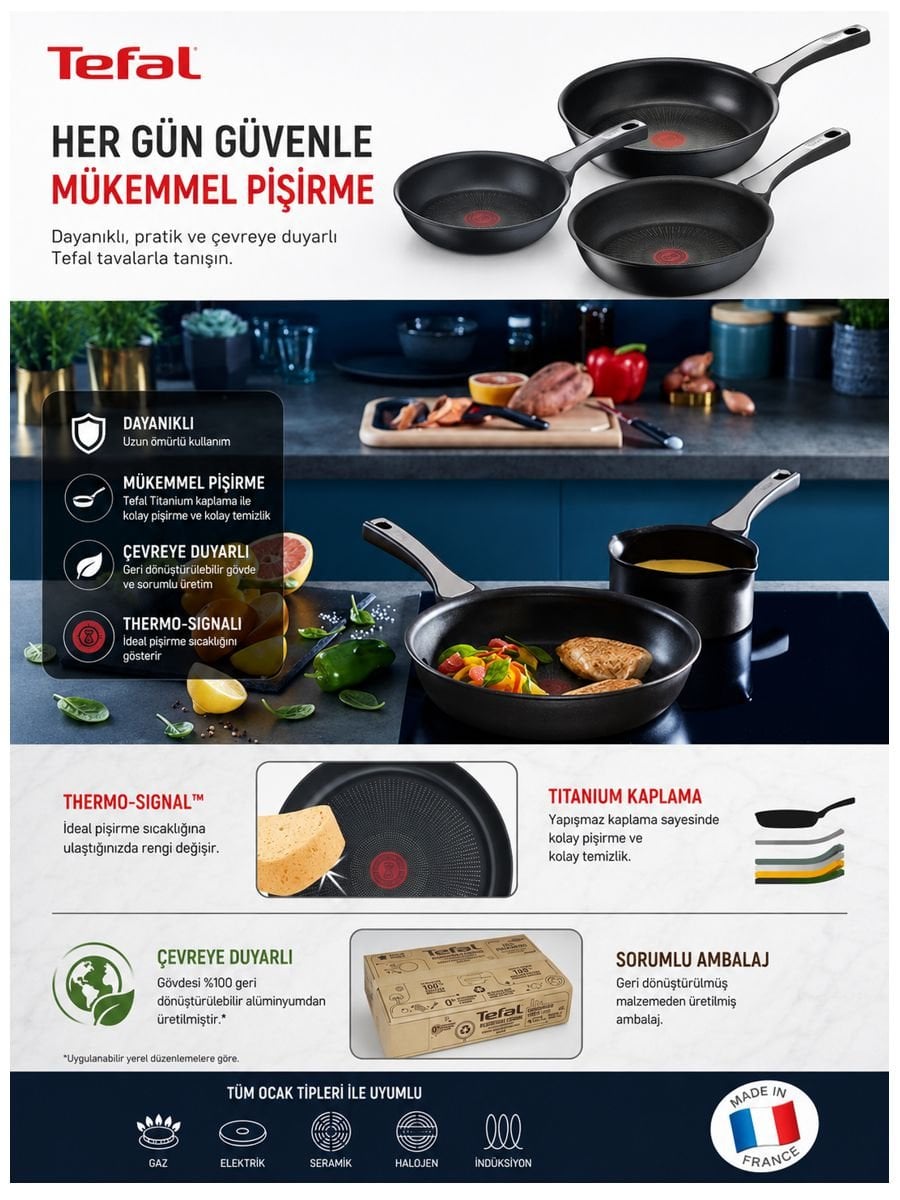 Tefal UnlimitedOne Titanyum 6X 20 24 28 cm 3’lü tava seti mutfak kullanım görseli