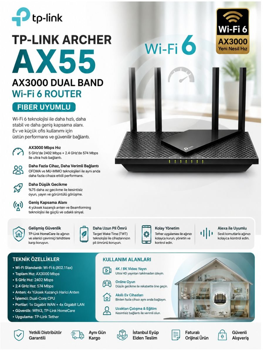 TP-Link Archer AX55 AX3000 Mbps Dual Band Wi-Fi 6 Router, fiber uyumlu güçlü bağlantı, geniş kapsama ve çoklu cihaz desteği sunan ürün açıklama görseli.
