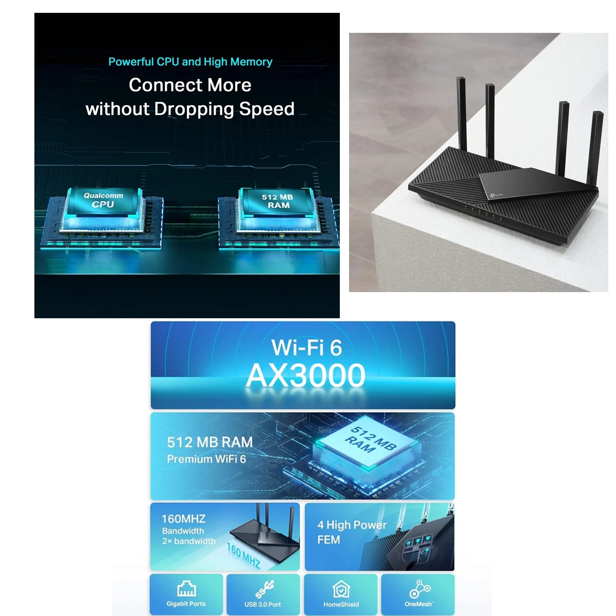 TP-Link Archer AX55 AX3000 Dual Band Wi-Fi 6 router ile fiber uyumlu yüksek hızlı ve geniş kapsama alanı sunan kablosuz ağ çözümü.