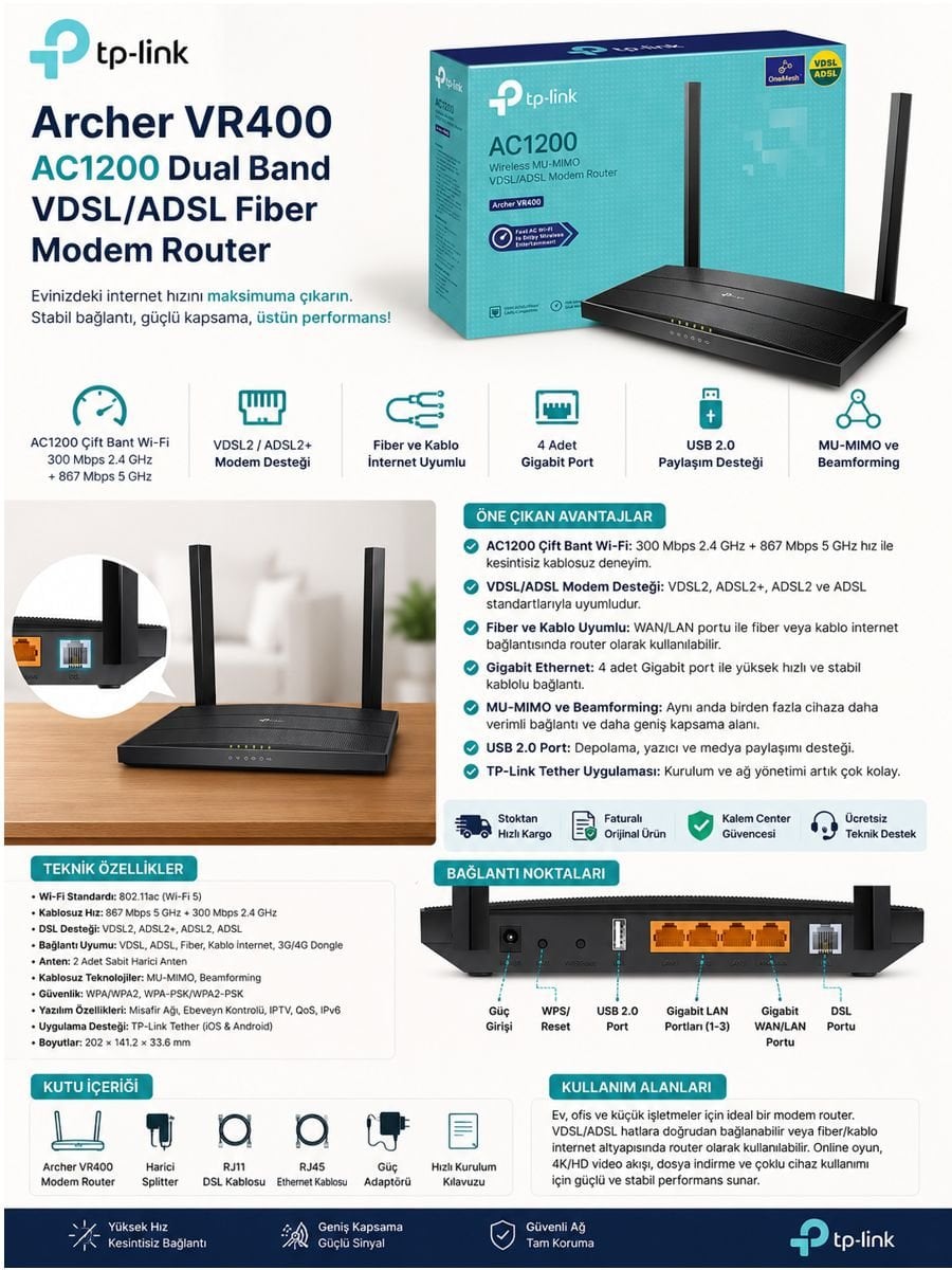 TP-Link Archer VR400 AC1200 dual band VDSL ADSL fiber modem router ürün açıklama görseli