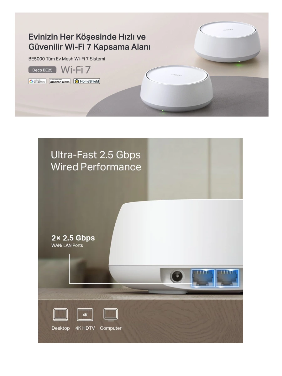 TP-Link Deco BE25 3-Pack Wi-Fi 7 mesh sistemi açıklama görseli fiber uyumlu çift bant yüksek hızlı bağlantı