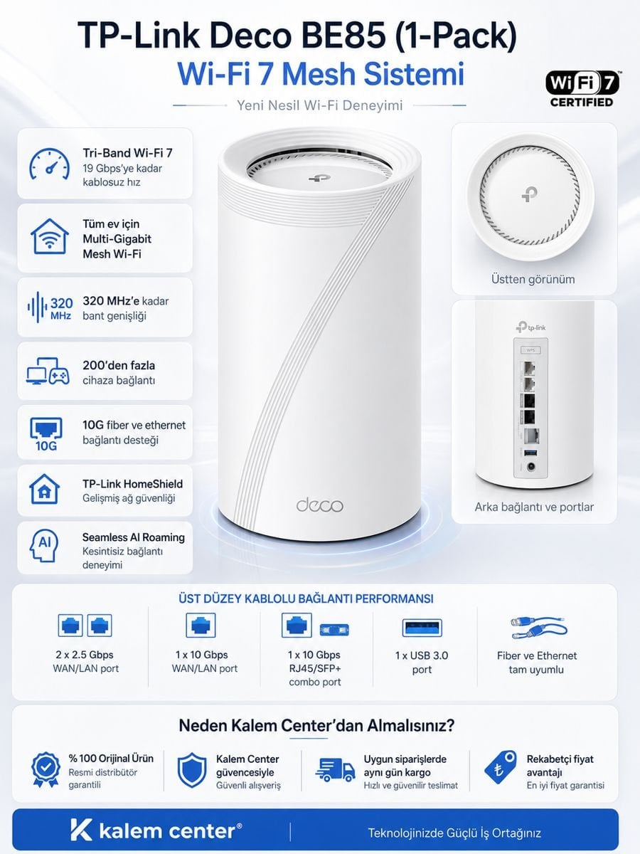 TP-Link Deco BE85 (1-Pack) Wi‑Fi 7 Mesh Sistemi için hazırlanan açıklama görseli; 19 Gbps hız, tri-band yapı, 320 MHz bant genişliği, 200+ cihaz desteği, 10G bağlantı portları ve USB 3.0 özelliklerini gösterir.