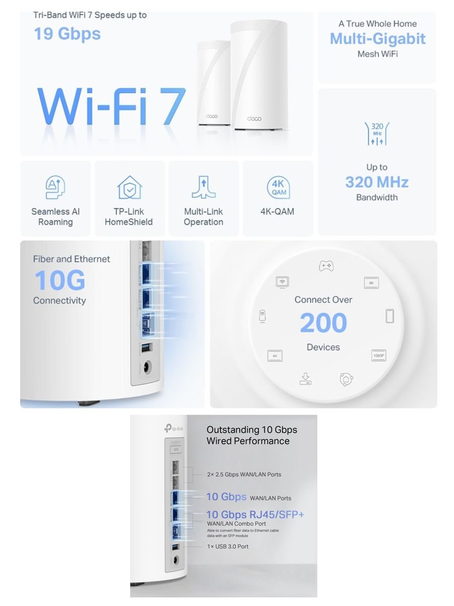 TP-Link Deco BE85 Wi-Fi 7 mesh sistemi tri-band 6GHz 5GHz 2.4GHz yüksek hızlı router 10Gbps port destekli ev ağı çözümü
