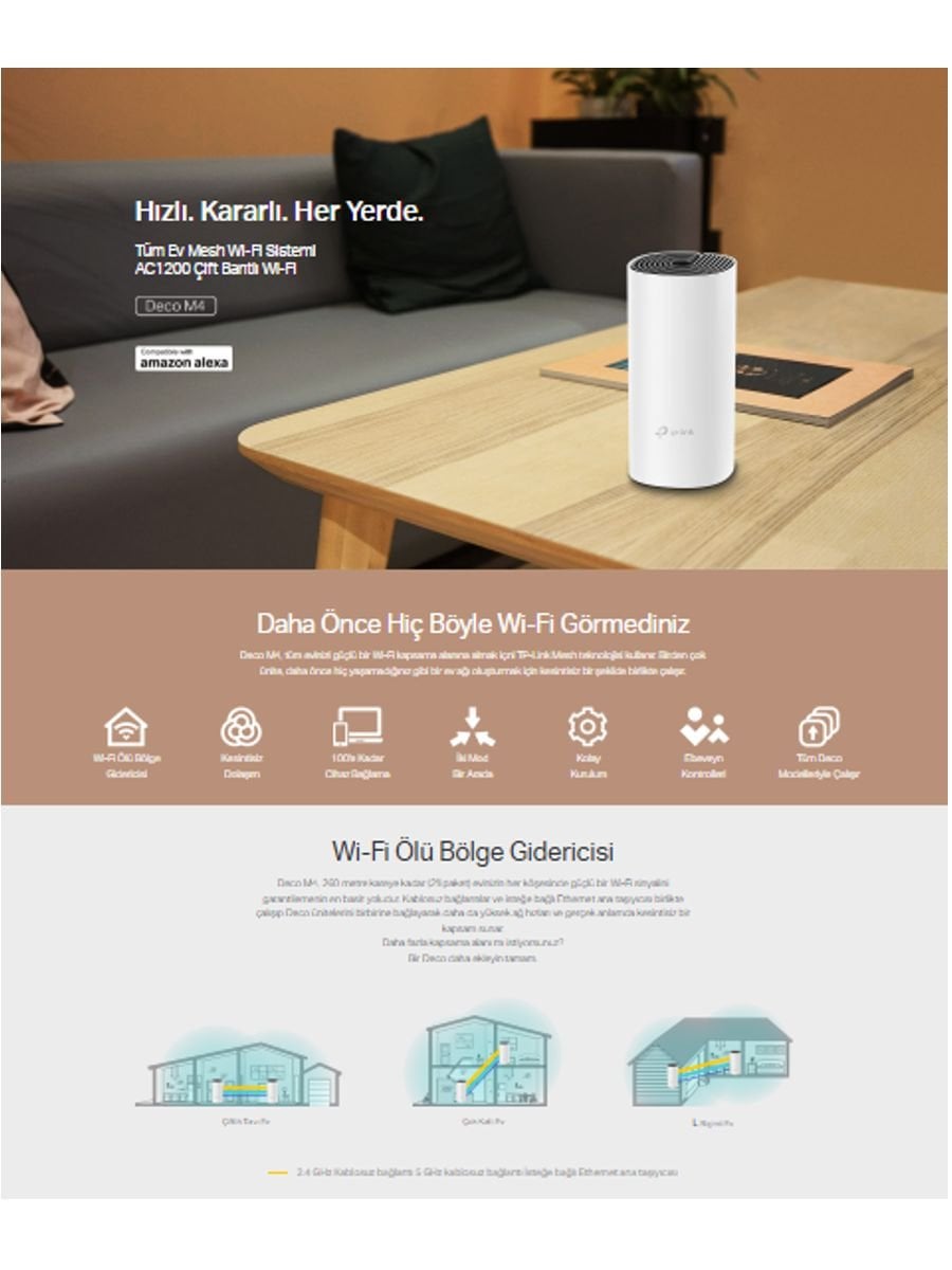 TP-Link Deco M4 AC1200 tekli mesh Wi-Fi sistemi ile geniş kapsama, güçlü sinyal ve 100 cihaza kadar kesintisiz bağlantı
