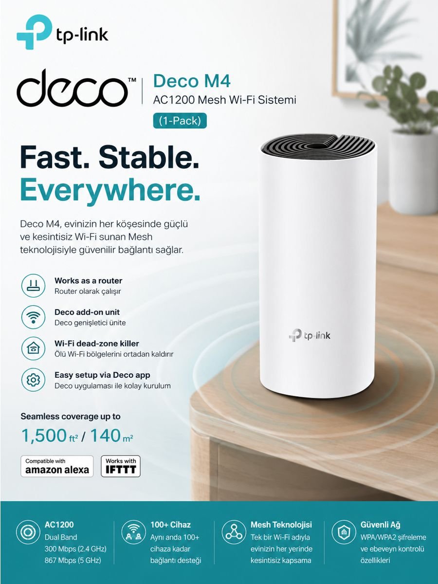 TP-Link Deco M4 (1-Pack) AC1200 Mesh Wi-Fi sistemi, dual band bağlantı, 100+ cihaz desteği, Mesh teknolojisi ve ev geneli kesintisiz kablosuz internet kapsaması özelliklerini gösteren açıklama görseli.
