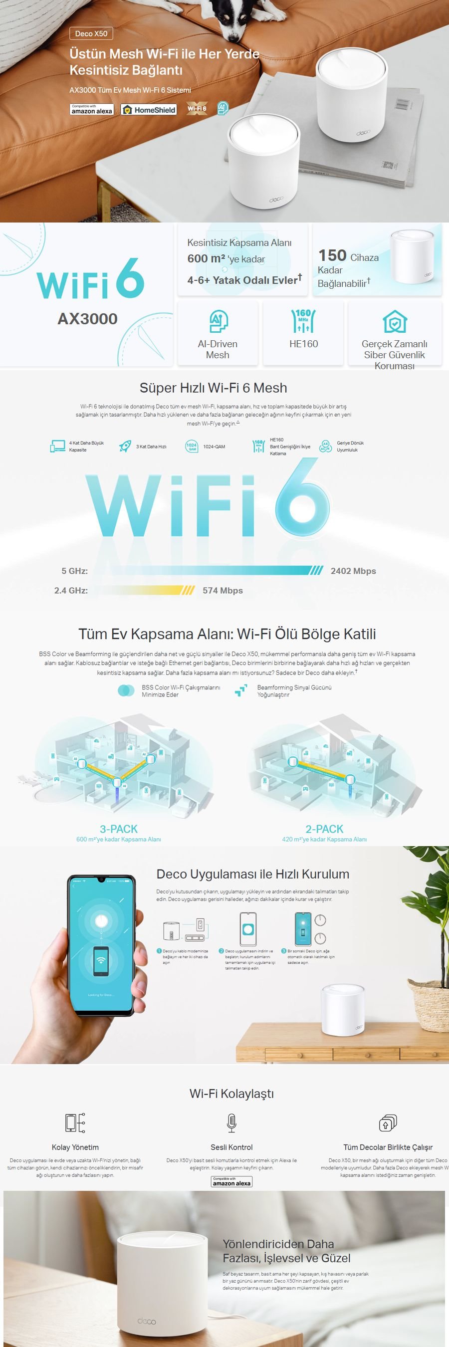 TP-Link Deco X50 3-Pack Wi-Fi 6 Mesh sistemi AX3000 hız, geniş kapsama ve gigabit port desteği sunan açıklama görseli