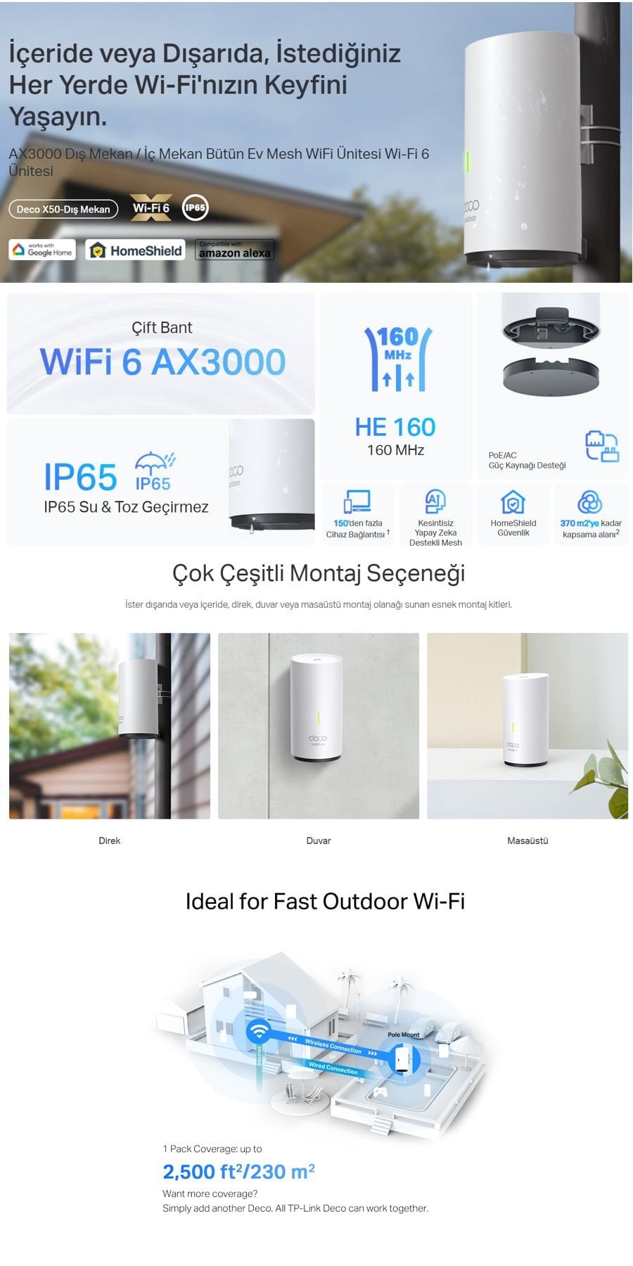 TP-Link Deco X50 Outdoor AX3000 dış mekan mesh WiFi sistemi IP65 dayanıklı