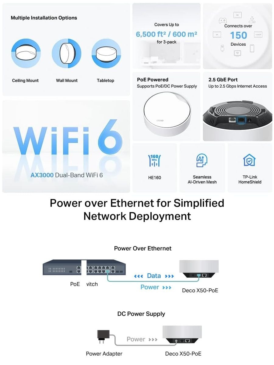 TP-Link Deco X50 PoE 3'lü paket Wi-Fi 6 mesh sistemi geniş kapsama ve yüksek hız