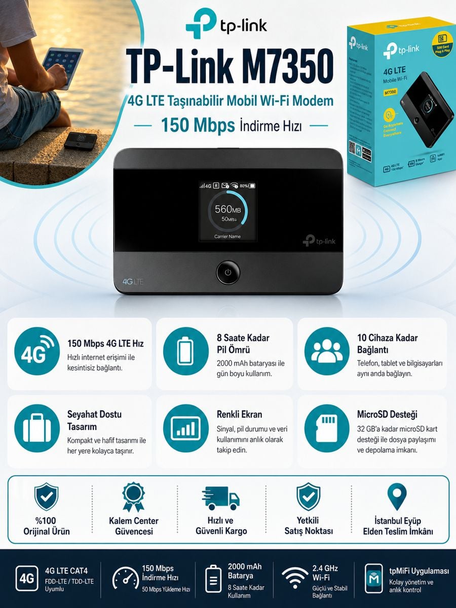 TP-Link M7350 4G LTE taşınabilir mobil Wi-Fi modem 150 Mbps hız, 8 saat pil ömrü ve 10 cihaza kadar bağlantı desteği.