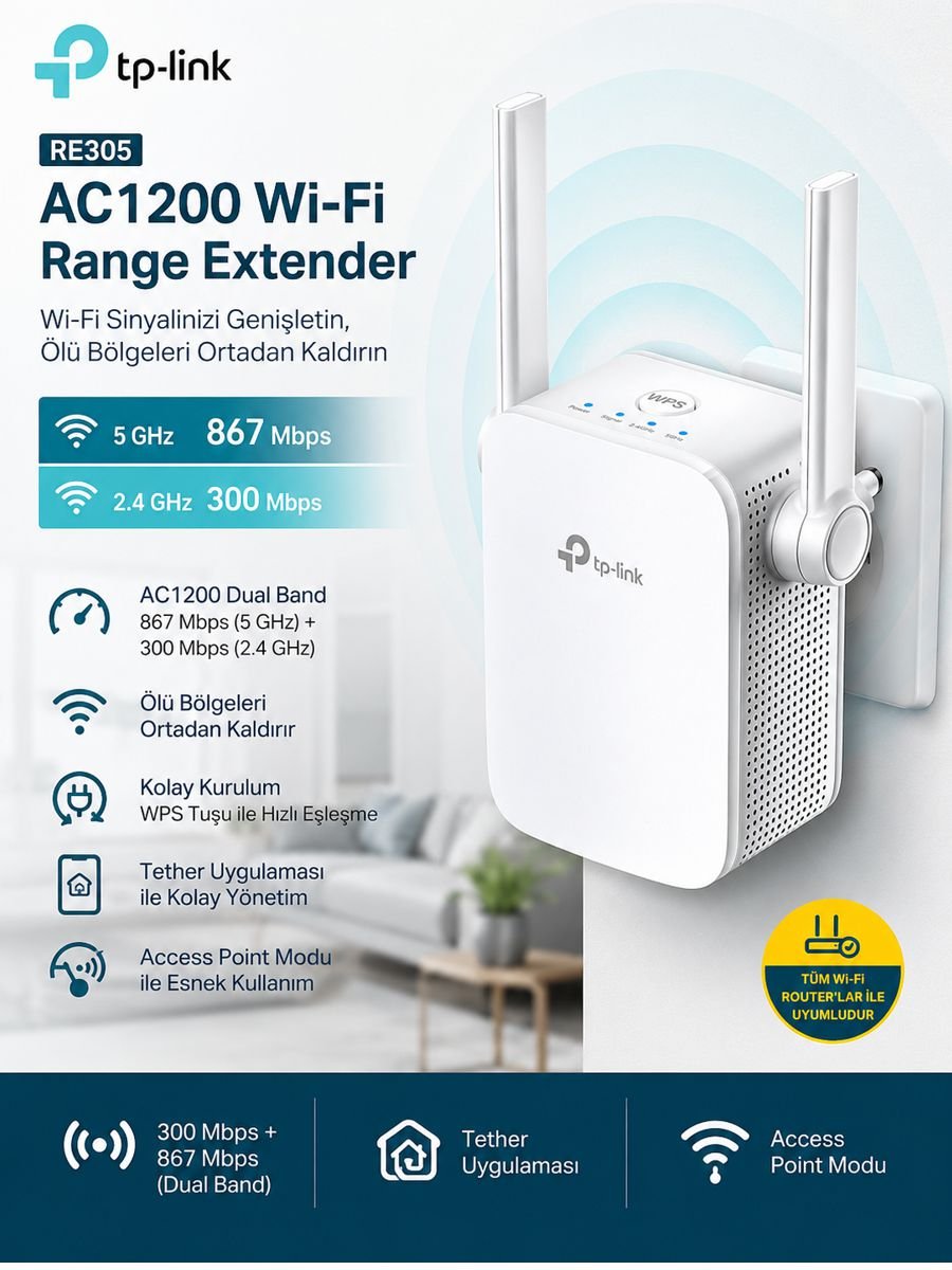 TP-Link RE305 AC1200 Dual Band Wi-Fi Menzil Genişletici, 867 Mbps 5 GHz ve 300 Mbps 2.4 GHz hız desteği, iki harici anten, Access Point modu ve Tether uygulaması ile kablosuz kapsama alanını artıran Wi-Fi sinyal güçlendirici.