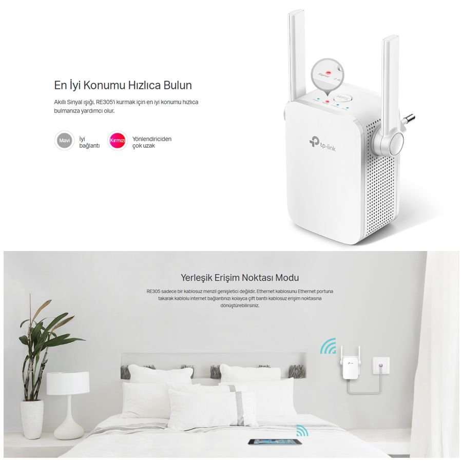 TP-Link RE305 AC1200 Wi-Fi menzil genişletici ile çift bant güçlü sinyal, 2 harici anten sayesinde evin her köşesinde kesintisiz internet deneyimi