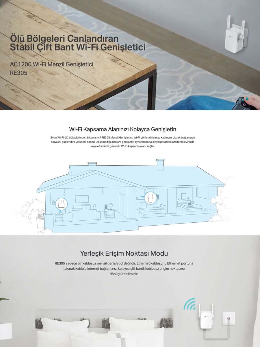TP-Link RE305 Access Point modu, Ethernet port desteği ve EasyMesh uyumu ile mevcut ağınızı genişleten pratik ve güçlü Wi-Fi çözümü