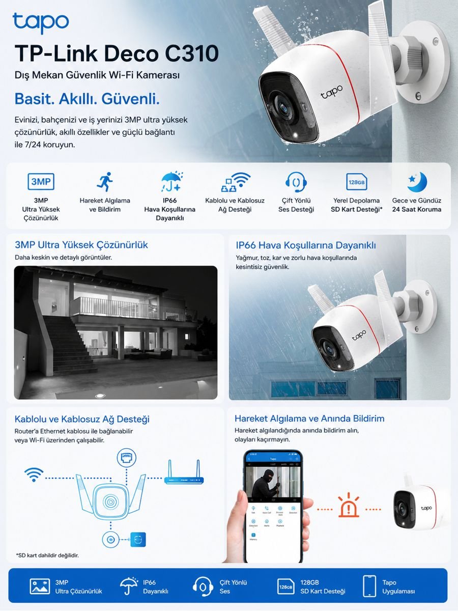 TP-Link Tapo C310 dış mekan Wi-Fi güvenlik kamerası IP66 koruma ve 3MP görüntü kalitesi özellikleriyle