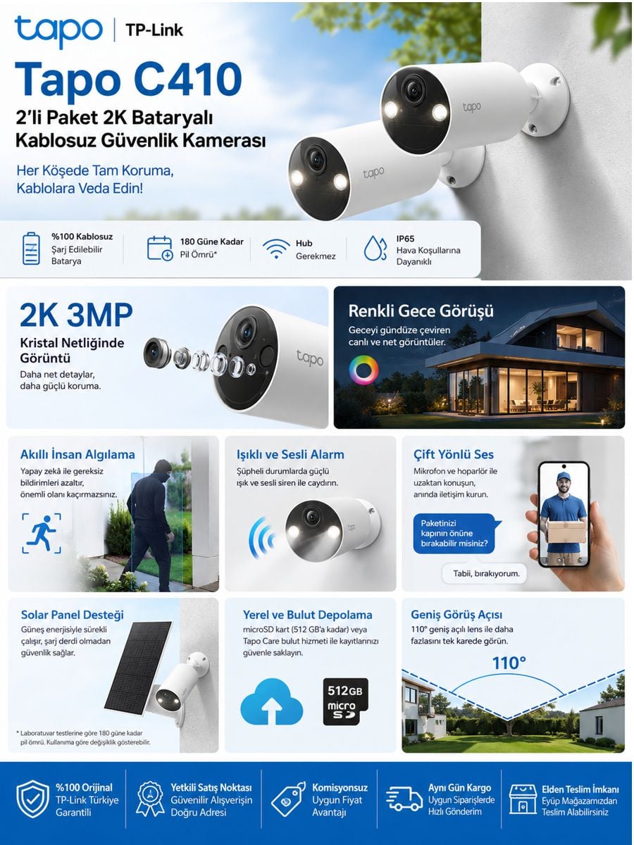 TP-Link Tapo C410 2’li paket 2K bataryalı kablosuz güvenlik kamerası özellikleri ve kullanım avantajları.
