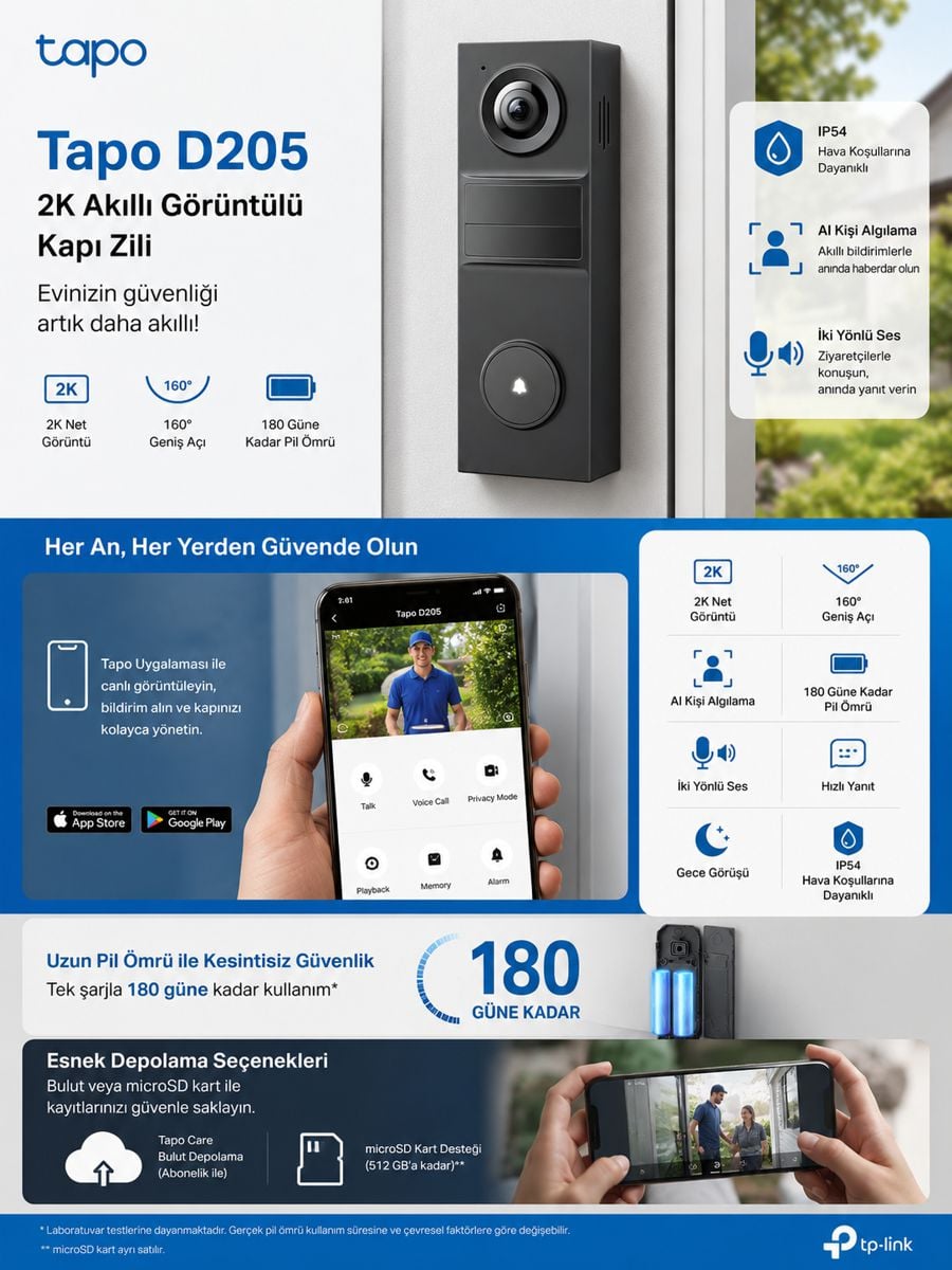 TP-Link Tapo D205 2K akıllı görüntülü kapı zili, 160° geniş görüş açısı, 180 güne kadar pil ömrü, AI kişi algılama ve iki yönlü ses özellikleriyle güvenli giriş kontrolü sağlar.