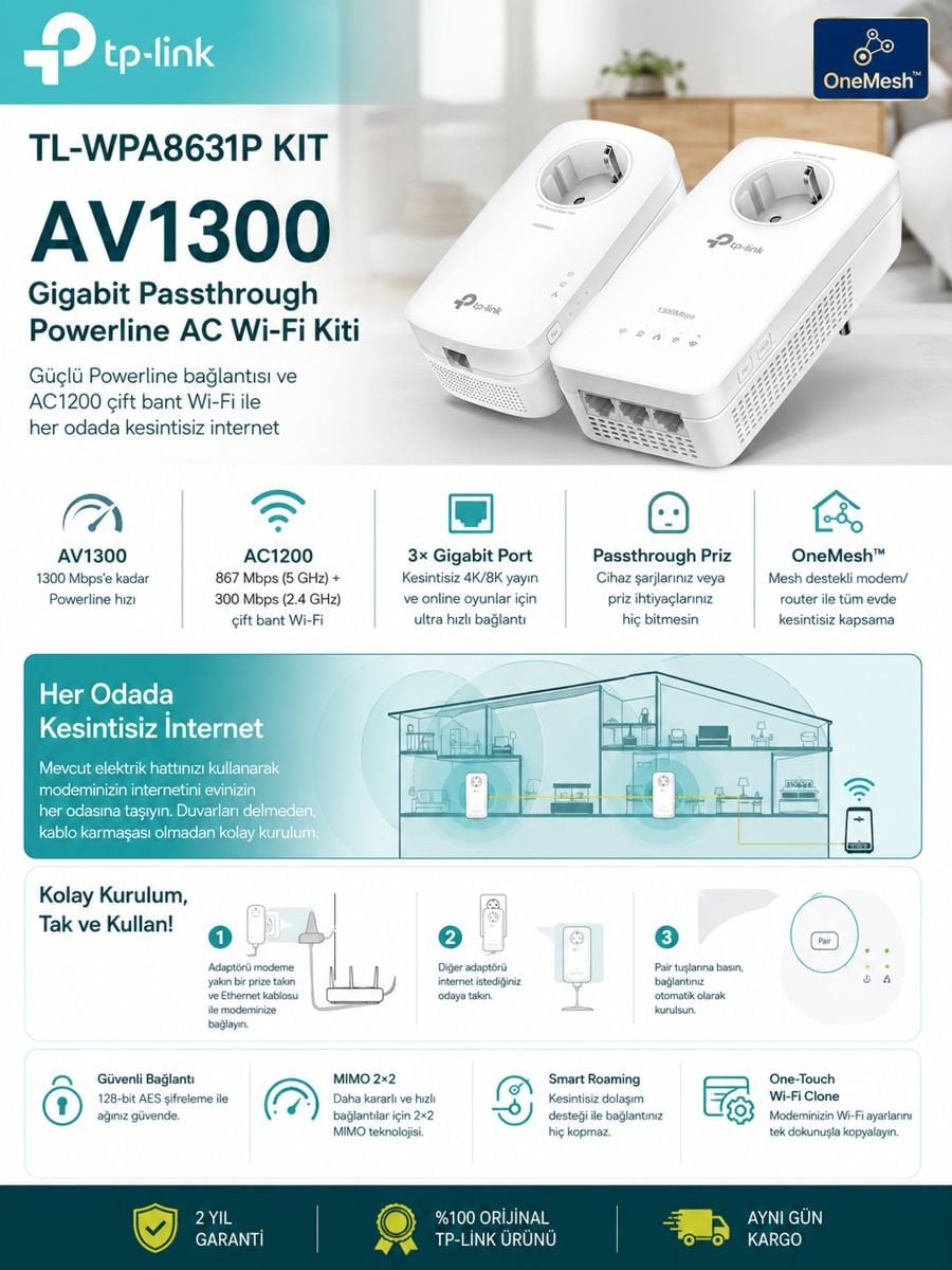 TP-Link TL-WPA8631P KIT AV1300 Gigabit Passthrough Powerline AC Wi-Fi Kiti, OneMesh destekli priz üzerinden yüksek hızlı internet çözümü.