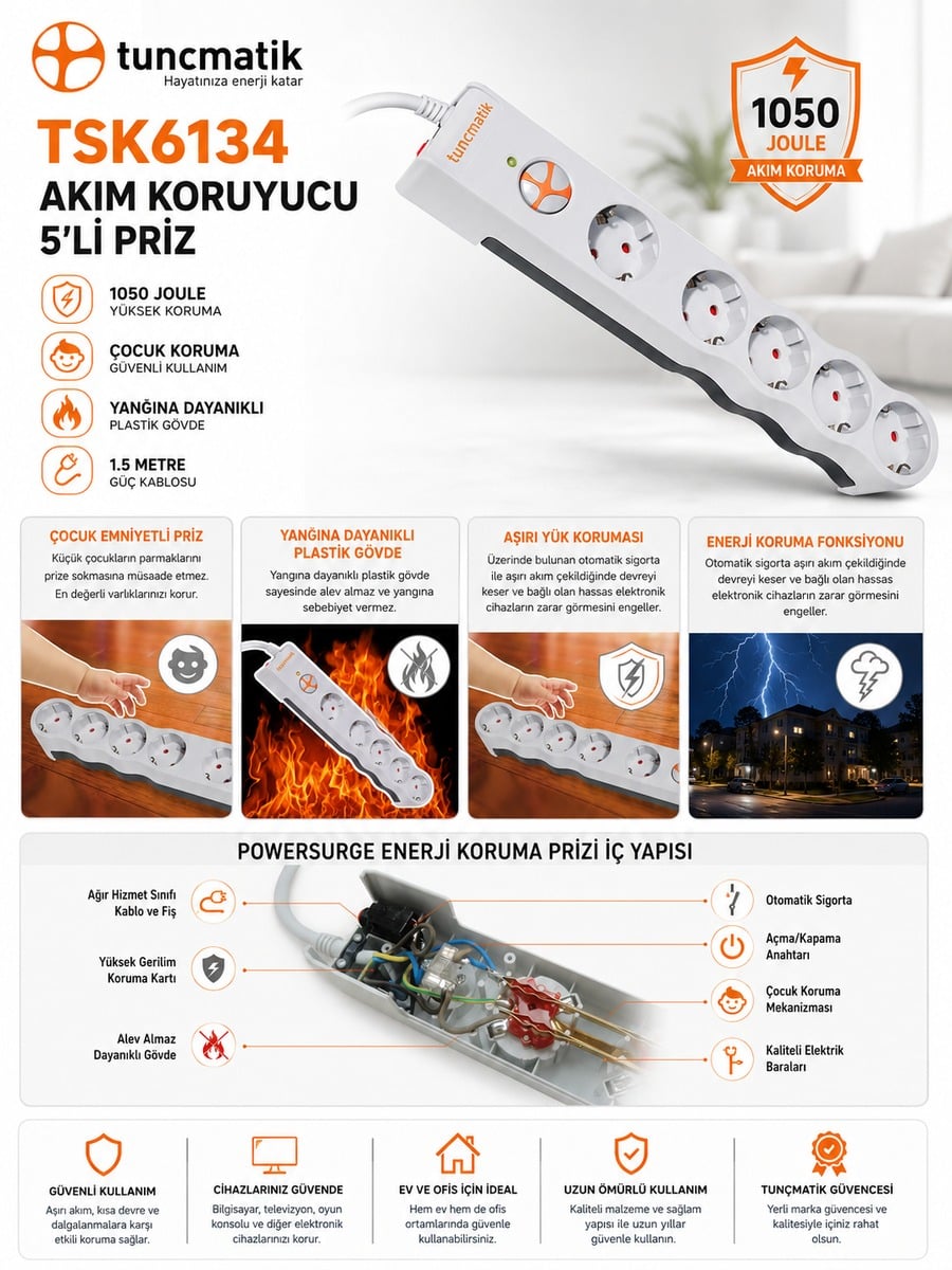 Tunçmatik TSK6134 5'li akım korumalı priz özellikleri; 1050 Joule koruma, çocuk emniyeti, otomatik sigorta ve yangına dayanıklı gövde