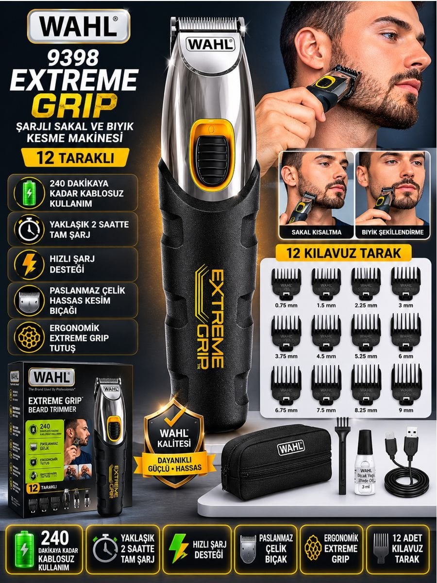 Wahl 9398 Extreme Grip Şarjlı Sakal ve Bıyık Kesme Makinesi 12 Taraklı ürün özellikleri ve kullanım avantajları