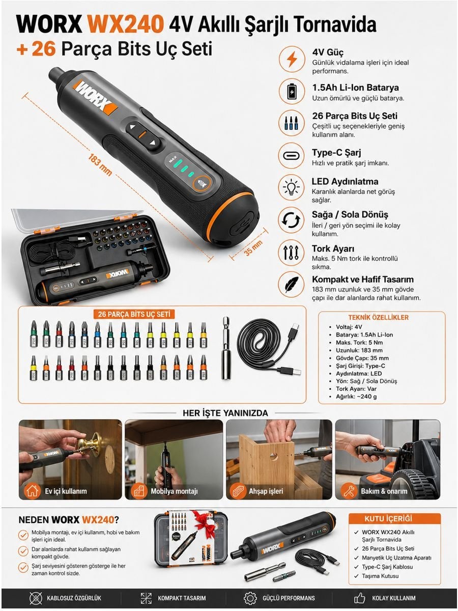WORX WX240 4V akıllı şarjlı tornavida, 26 parça bits uç seti, Type-C şarj, LED aydınlatma ve kompakt gövde özelliklerini gösteren açıklama görseli