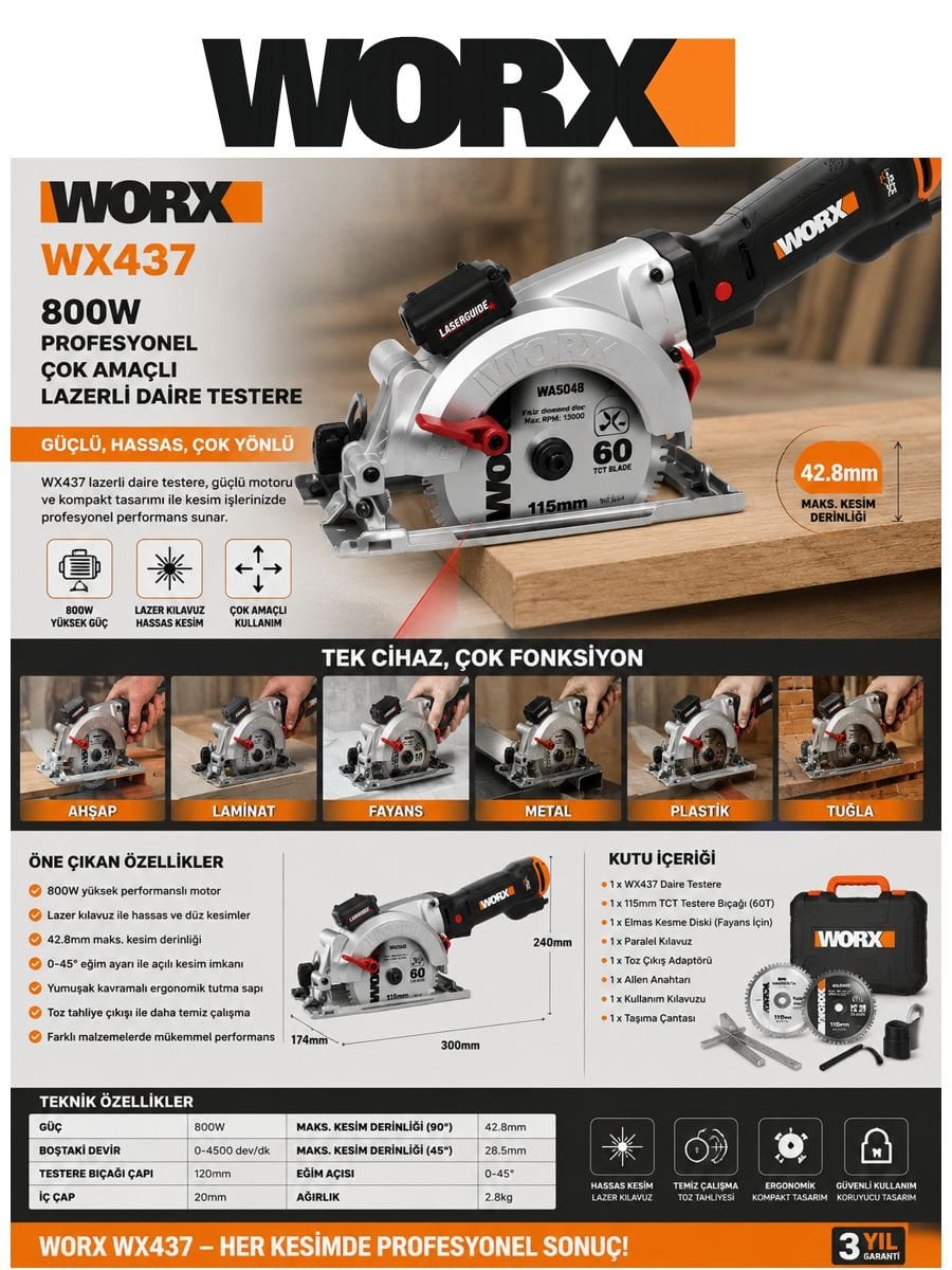 WORX WX437 800W lazerli çok amaçlı daire testere ile ahşap, metal, plastik ve fayans kesim uygulamaları