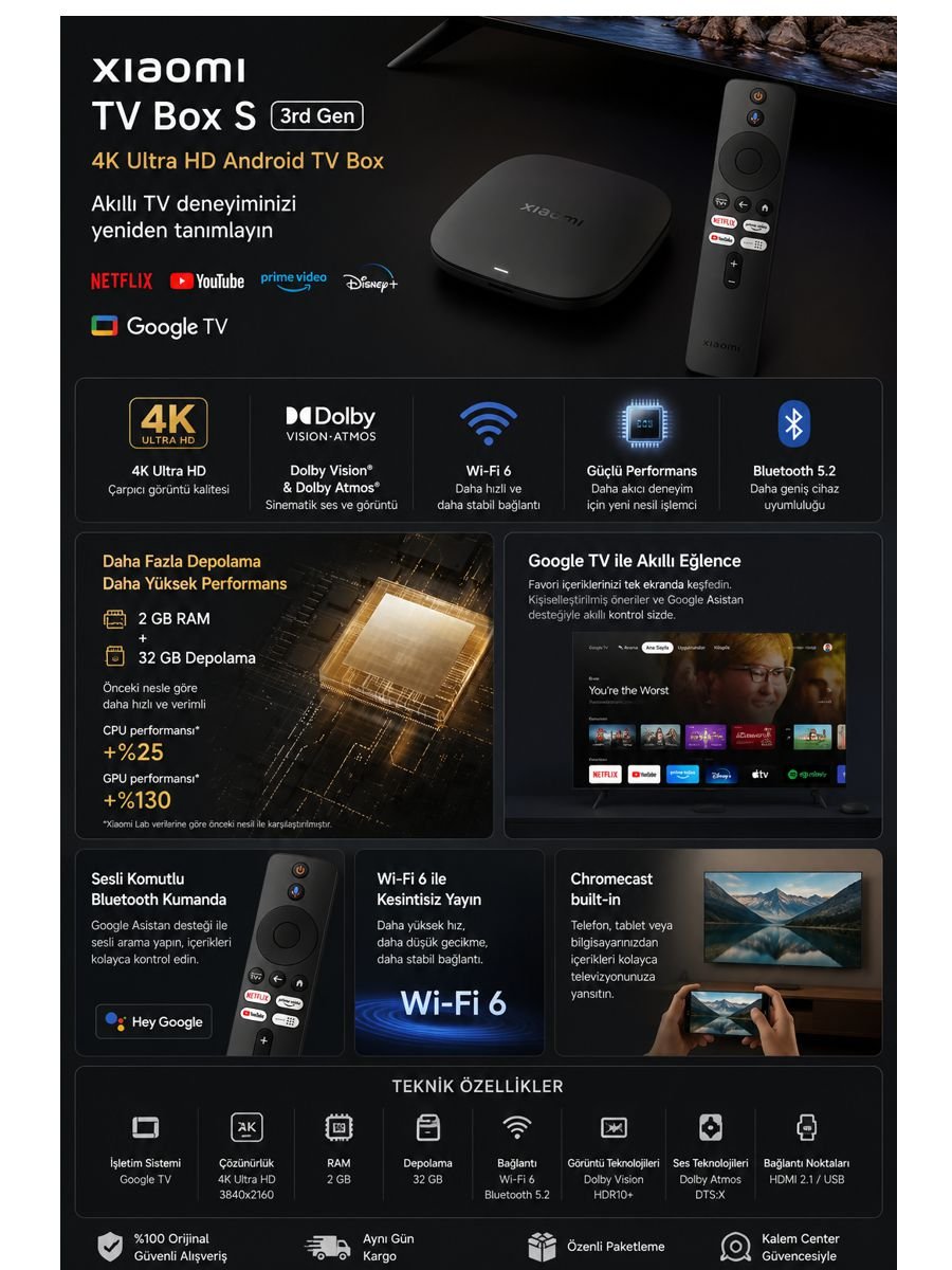 Xiaomi Mi Box S 3. Nesil 4K Android TV Box medya oynatıcı ve kumanda görseli