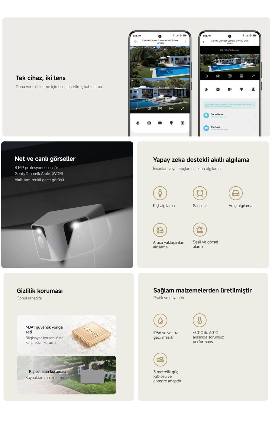 Xiaomi Outdoor Camera CW100 Dual White akıllı güvenlik kamerası, dış mekan kullanımına uygun yapısı ve akıllı izleme özellikleriyle güvenliği pratik hale getirir.