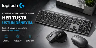 Logitech klavye ve mouse modelleri ile konforlu, hassas ve yüksek performanslı çalışma deneyimi sunan modern masaüstü ekipmanları banner görseli