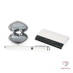 Bayanlara Özel Beyaz 3'lü Set (Kalem+Kartvizitlik+Ayna)