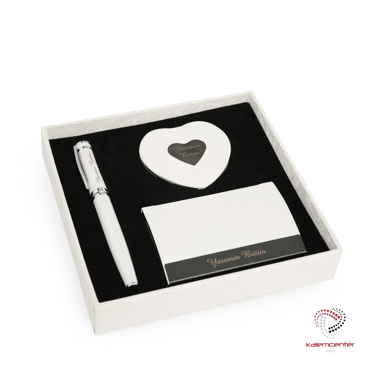 Bayanlara Özel Beyaz 3'lü Set (Kalem+Kartvizitlik+Ayna)