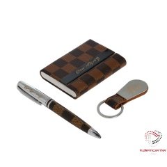İsme Özel Kahverengi Ekose 3'lü Set (Kalem+Kartvizitlik+Anahtarlık)