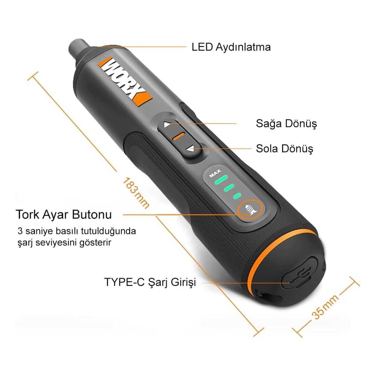 Worx WX240 4 V 1,5 Ah Li-Ion Akıllı Şarjlı Tornavida ve 26 Parça Bits Uç Seti