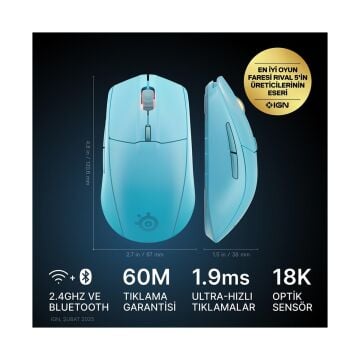 A4tech STEELSERIES RIVAL 3 GEN 2 BLUETOOTH VE WIRELESS GAMING MOUSE-AQUA Klavye ve Mouse