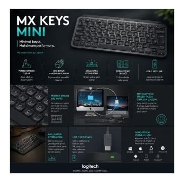 Logitech MX Keys Mini Kablosuz Türkçe Q Klavye 920-010504 | Çoklu Cihaz, USB-C Şarj