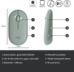 Logitech M350 Pebble Sessiz Kablosuz Kompakt Mouse - Yeşil Ökaliptüs