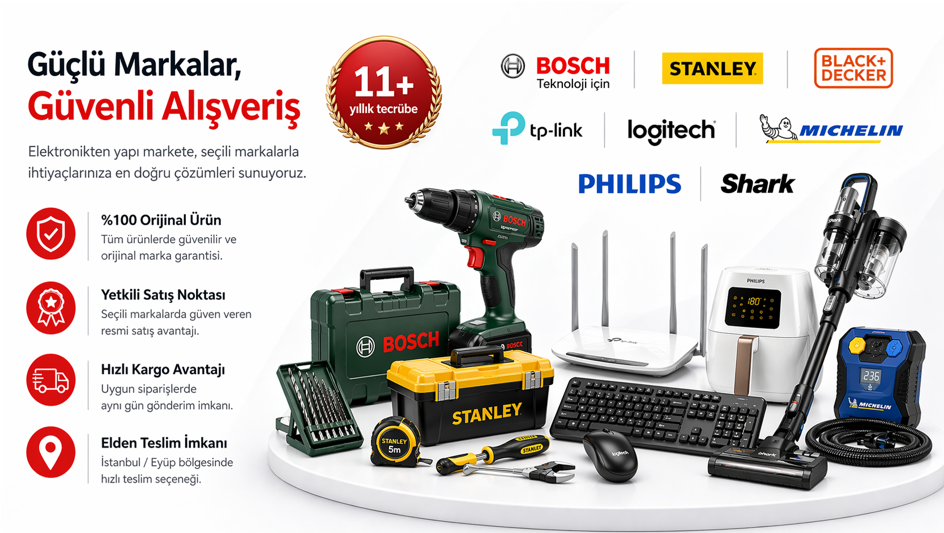 Güçlü markalar ve güvenli alışveriş temalı ana sayfa banner görselinde Bosch, Stanley, Black+Decker, TP-Link, Logitech, Michelin, Philips ve Shark markaları ile farklı ürün kategorileri bir arada sunuluyor.
