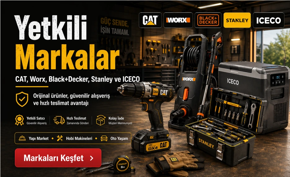CAT, Worx, Black+Decker, Stanley ve Iceco markalarında yetkili satış noktası vurgulu güven bannerı.