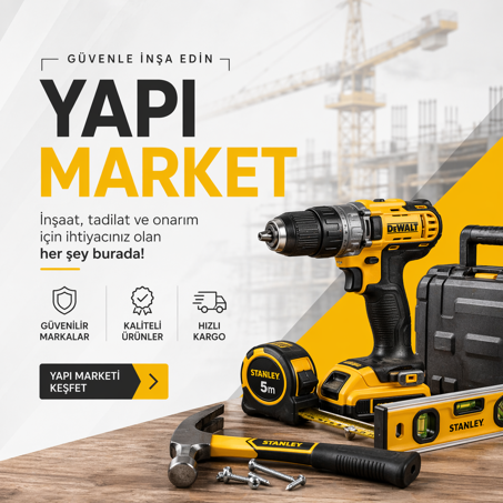 Yapı Market kategorisi için hazırlanan kare banner görselinde matkap, şerit metre, çekiç ve el aletleri yer alıyor.