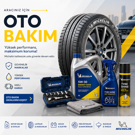 Oto Bakım kategorisi için hazırlanan kare banner görselinde Michelin hava kompresörü, lastik basınç ölçer, akü şarj cihazı ve araç bakım ekipmanları yer alıyor.
