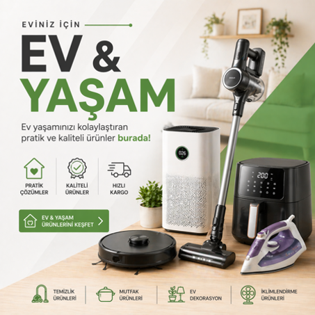 Ev & Yaşam kategorisi için hazırlanan kare banner görselinde süpürge, hava temizleyici, robot süpürge, ütü ve küçük ev aletleri yer alıyor.
