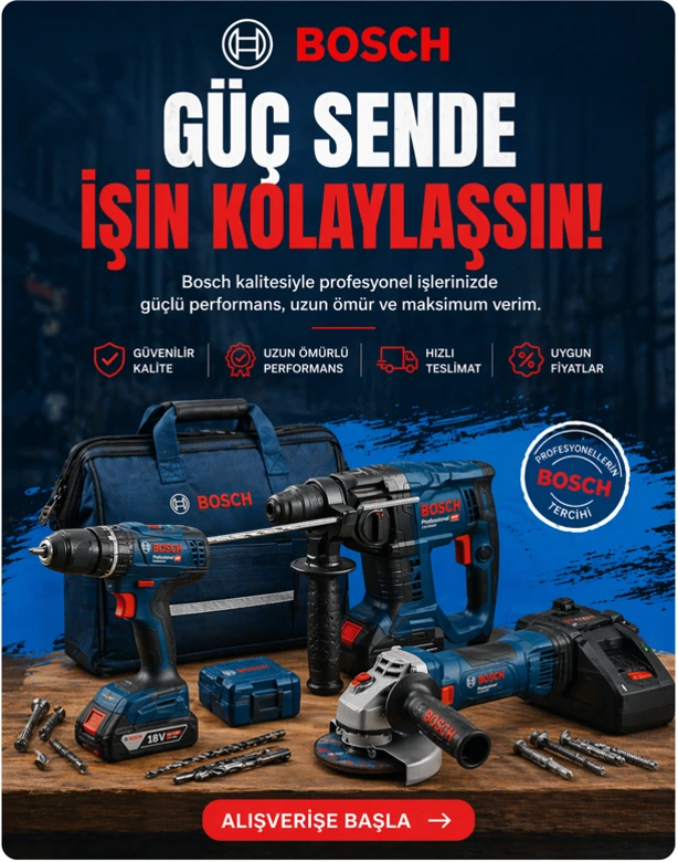 Yapı market kategorisi için matkap, takım çantası, baret ve el aletlerinin yer aldığı güçlü ürünler temalı banner görseli.